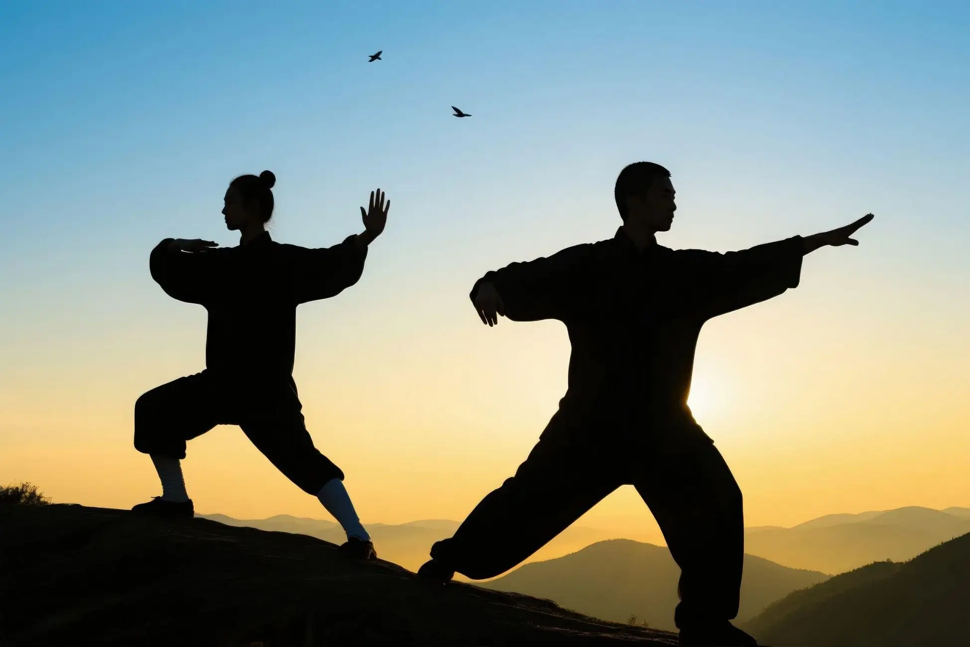 Woman and man practicing tai chi movements outside